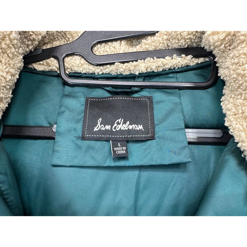 Sam Edelman Puffer Coat Womens L Teal Houndstooth Sherpa Hood Long Winter - Picture 10 of 13